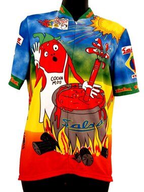 Vintage Aussie Salsa's Print Cycling Jersey 1/4 Zip Red/Yellow Pockets, L or XL,